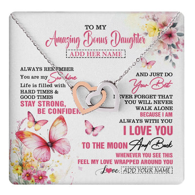 Interlocking Hearts Necklace Stainless Steel & Rose Gold Finish | 1 | Personalized To My Amazing Bonus Daughter Necklace From Stepmom Stepdad Butterfly It A Big Hug Stepdaughter Birthday Gifts Christmas Gift Box Message Card | https://teecentury.