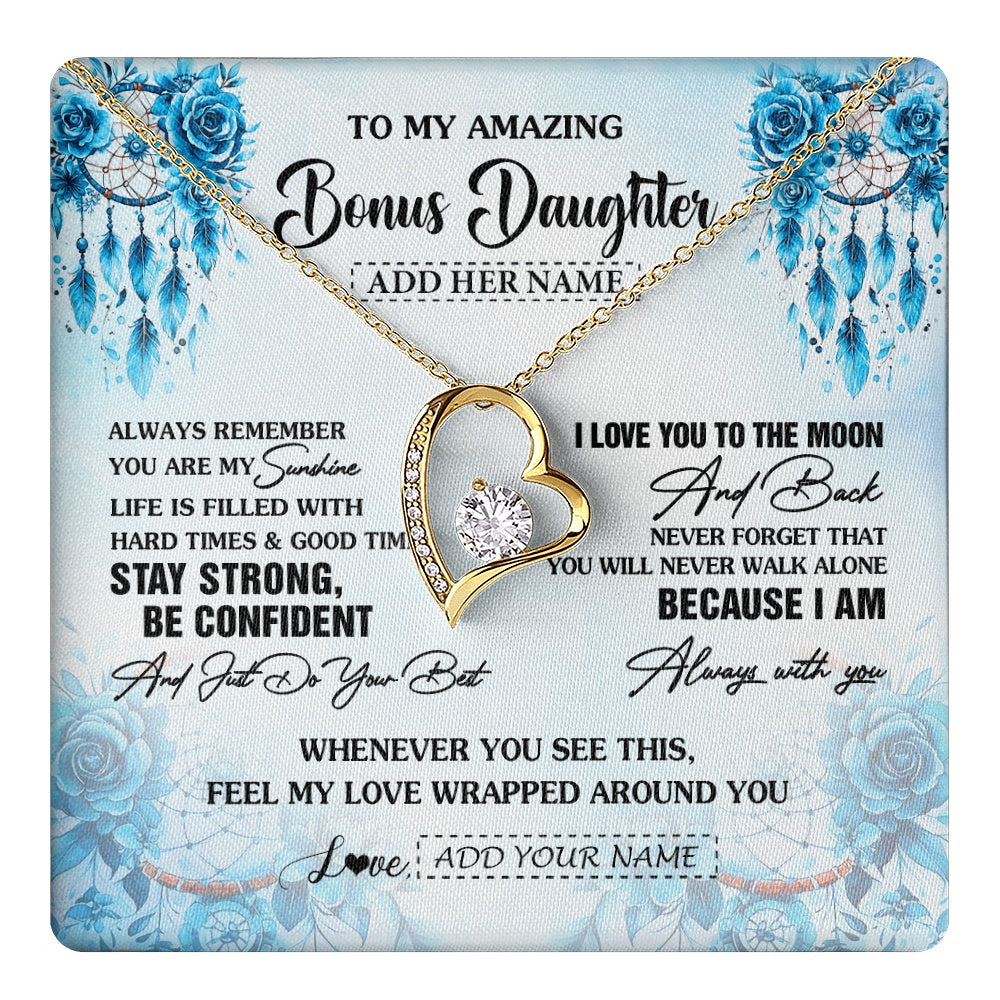 Forever Love Necklace 18K Yellow Gold Finish | 1 | Personalized To My Amazing Bonus Daughter Necklace From Stepmom Stepdad Dream Catcher It A Big Hug Stepdaughter Birthday Gifts Christmas Gift Box Message Card | https://teecentury.