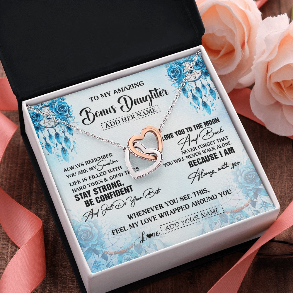 Interlocking Hearts Necklace Stainless Steel & Rose Gold Finish | 2 | Personalized To My Amazing Bonus Daughter Necklace From Stepmom Stepdad Dream Catcher It A Big Hug Stepdaughter Birthday Gifts Christmas Gift Box Message Card | https://teecentury.