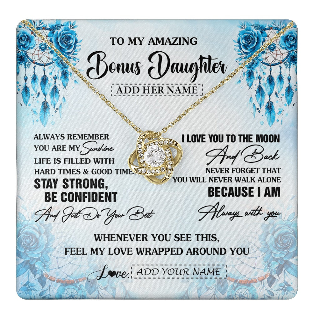 Love Knot Necklace 18K Yellow Gold Finish | 1 | Personalized To My Amazing Bonus Daughter Necklace From Stepmom Stepdad Dream Catcher It A Big Hug Stepdaughter Birthday Gifts Christmas Gift Box Message Card | https://teecentury.