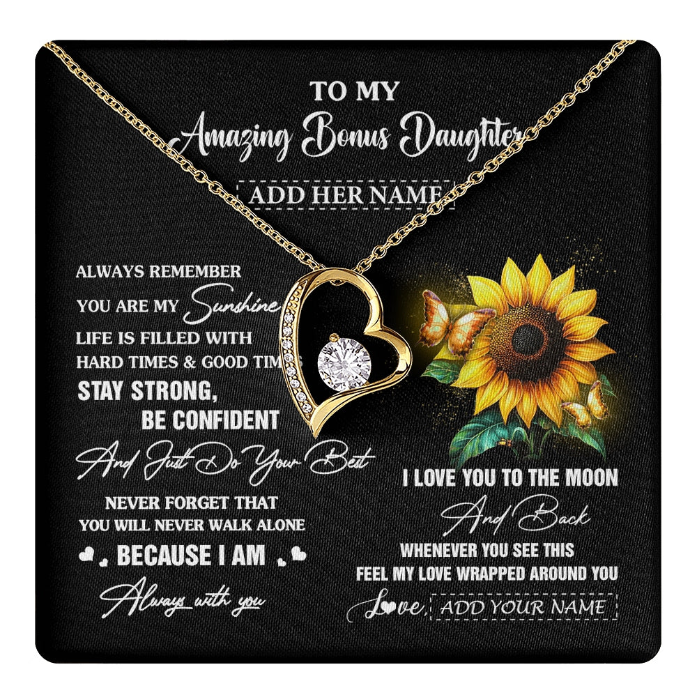Forever Love Necklace 18K Yellow Gold Finish | 1 | Personalized To My Amazing Bonus Daughter Necklace From Stepmom Stepdad Sunflower It A Big Hug Stepdaughter Birthday Gifts Christmas Gift Box Message Card | https://teecentury.