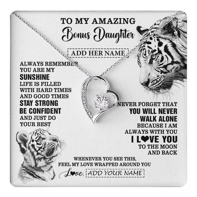 Forever Love Necklace 14K White Gold Finish | 1 | Personalized To My Amazing Bonus Daughter Necklace From Stepmom Stepdad White Tiger It A Big Hug Stepdaughter Birthday Gifts Christmas Gift Box Message Card | https://teecentury.