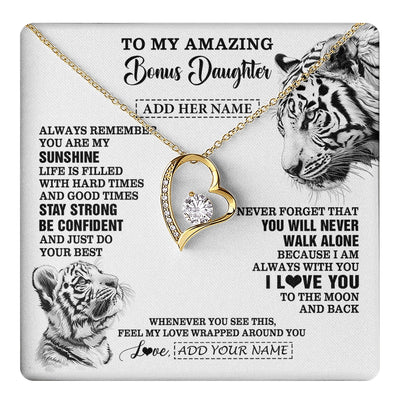 Forever Love Necklace 18K Yellow Gold Finish | 1 | Personalized To My Amazing Bonus Daughter Necklace From Stepmom Stepdad White Tiger It A Big Hug Stepdaughter Birthday Gifts Christmas Gift Box Message Card | https://teecentury.