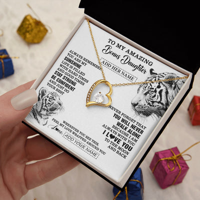 Forever Love Necklace 18K Yellow Gold Finish | 2 | Personalized To My Amazing Bonus Daughter Necklace From Stepmom Stepdad White Tiger It A Big Hug Stepdaughter Birthday Gifts Christmas Gift Box Message Card | https://teecentury.