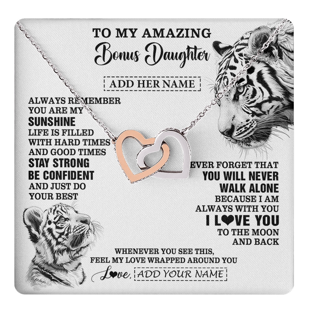 Interlocking Hearts Necklace Stainless Steel & Rose Gold Finish | 1 | Personalized To My Amazing Bonus Daughter Necklace From Stepmom Stepdad White Tiger It A Big Hug Stepdaughter Birthday Gifts Christmas Gift Box Message Card | https://teecentury.