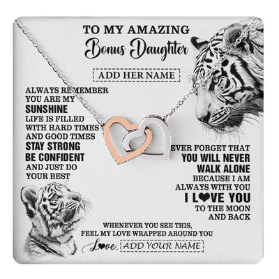 Interlocking Hearts Necklace Stainless Steel & Rose Gold Finish | 1 | Personalized To My Amazing Bonus Daughter Necklace From Stepmom Stepdad White Tiger It A Big Hug Stepdaughter Birthday Gifts Christmas Gift Box Message Card | https://teecentury.