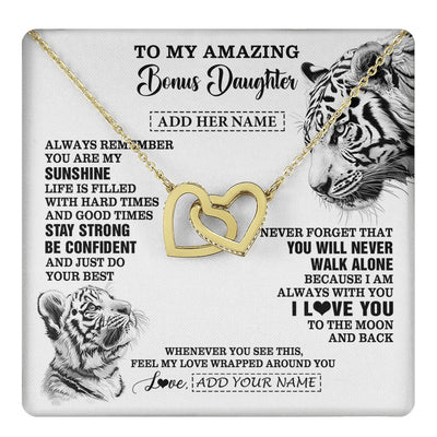 Interlocking Hearts Necklace 18K Yellow Gold Finish | 1 | Personalized To My Amazing Bonus Daughter Necklace From Stepmom Stepdad White Tiger It A Big Hug Stepdaughter Birthday Gifts Christmas Gift Box Message Card | https://teecentury.