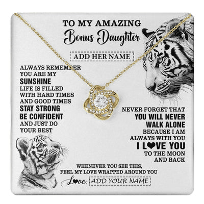 Love Knot Necklace 18K Yellow Gold Finish | 1 | Personalized To My Amazing Bonus Daughter Necklace From Stepmom Stepdad White Tiger It A Big Hug Stepdaughter Birthday Gifts Christmas Gift Box Message Card | https://teecentury.