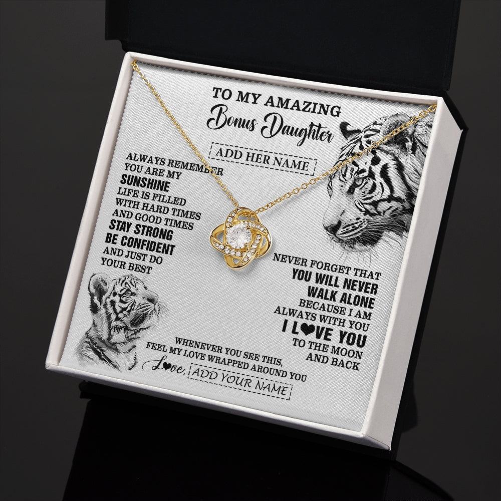 Love Knot Necklace 18K Yellow Gold Finish | 2 | Personalized To My Amazing Bonus Daughter Necklace From Stepmom Stepdad White Tiger It A Big Hug Stepdaughter Birthday Gifts Christmas Gift Box Message Card | https://teecentury.