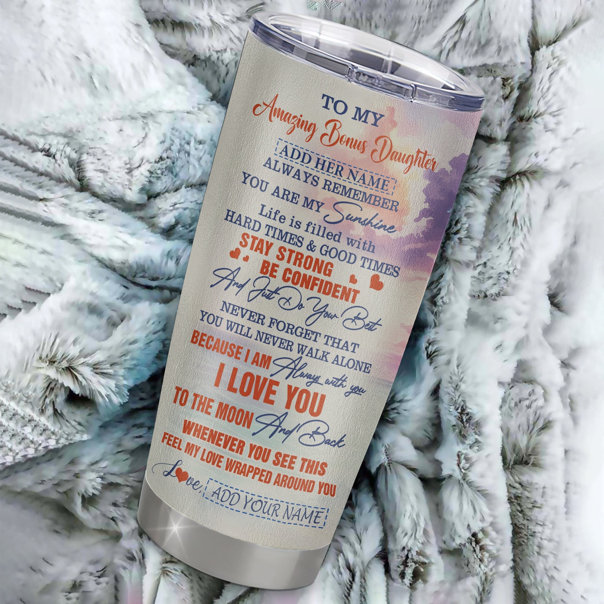 Personalized To My Amazing Bonus Daughter Tumbler From Stepmom Stepdad Beach It A Big Hug Stepdaughter Birthday Gifts Christmas Custom Stainless Steel Travel Mug | teecentury