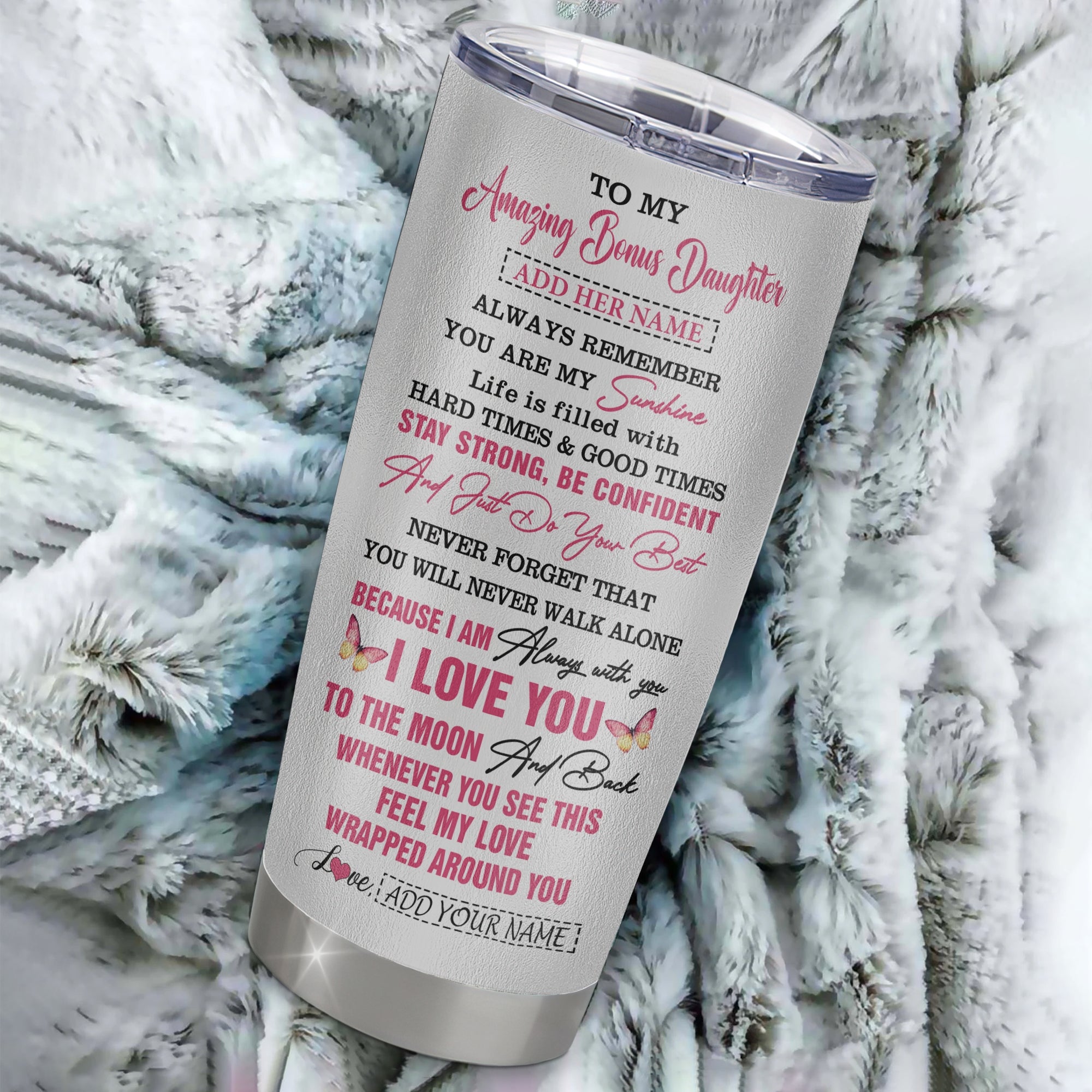 Personalized To My Amazing Bonus Daughter Tumbler From Stepmom Stepdad Butterfly It A Big Hug Stepdaughter Birthday Gifts Christmas Custom Stainless Steel Insulated Mug | teecentury