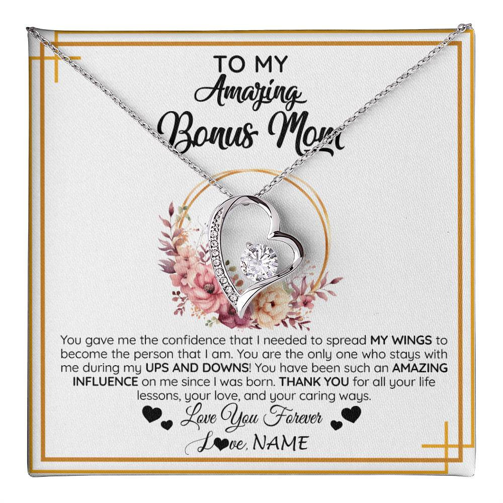 Forever Love Necklace 14K White Gold Finish | 1 | Personalized To My Amazing Bonus Mom Necklace From Daughter You Gave Me The Confidence Stepmom Birthday Mothers Day Christmas Customized Gift Box Message Card | teecentury