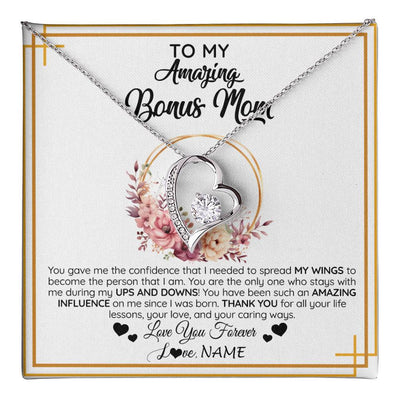 Forever Love Necklace 14K White Gold Finish | 1 | Personalized To My Amazing Bonus Mom Necklace From Daughter You Gave Me The Confidence Stepmom Birthday Mothers Day Christmas Customized Gift Box Message Card | teecentury