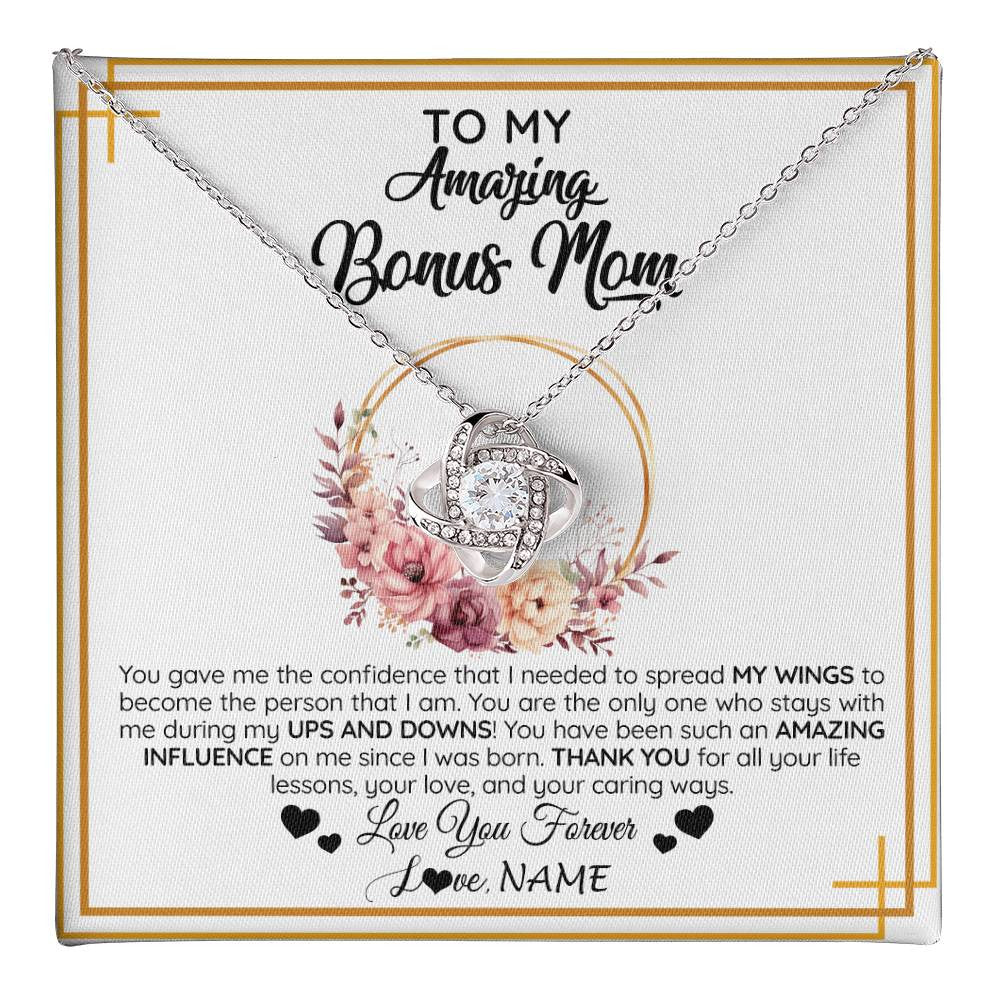 Love Knot Necklace 14K White Gold Finish | 1 | Personalized To My Amazing Bonus Mom Necklace From Daughter You Gave Me The Confidence Stepmom Birthday Mothers Day Christmas Customized Gift Box Message Card | teecentury