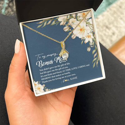 Alluring Beauty Necklace 18K Yellow Gold Finish | Personalized To My Amazing Bonus Mom Necklace from Daughter Thank You Step Mom Jewelry Birthday Mothers Day Thanksgiving Christmas Customized Message Card | teecentury
