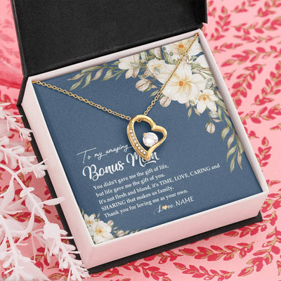 Forever Love Necklace 18K Yellow Gold Finish | Personalized To My Amazing Bonus Mom Necklace from Daughter Thank You Step Mom Jewelry Birthday Mothers Day Thanksgiving Christmas Customized Message Card | teecentury