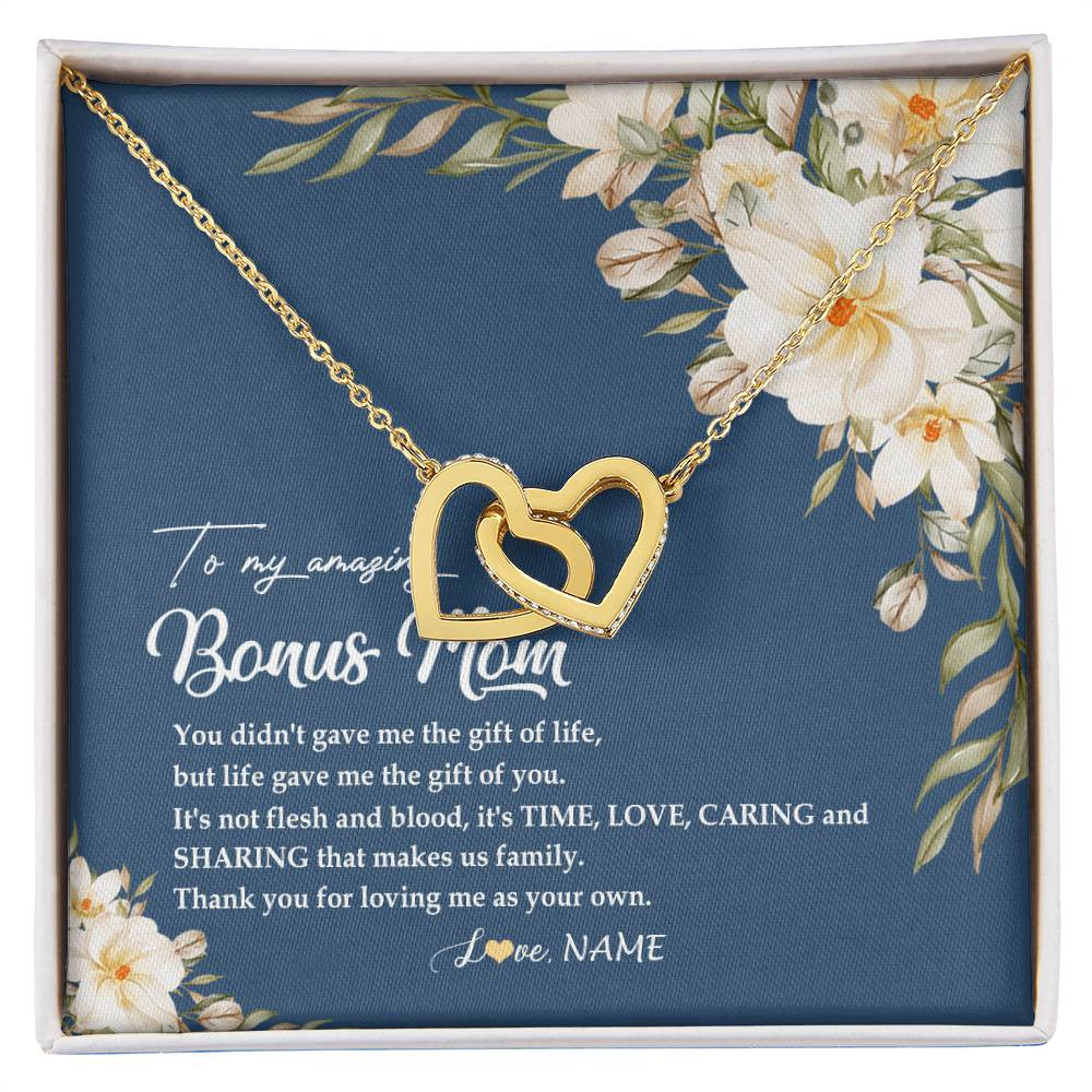 Interlocking Hearts Necklace 18K Yellow Gold Finish | Personalized To My Amazing Bonus Mom Necklace from Daughter Thank You Step Mom Jewelry Birthday Mothers Day Thanksgiving Christmas Customized Message Card | teecentury