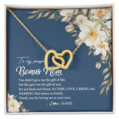 Interlocking Hearts Necklace 18K Yellow Gold Finish | Personalized To My Amazing Bonus Mom Necklace from Daughter Thank You Step Mom Jewelry Birthday Mothers Day Thanksgiving Christmas Customized Message Card | teecentury