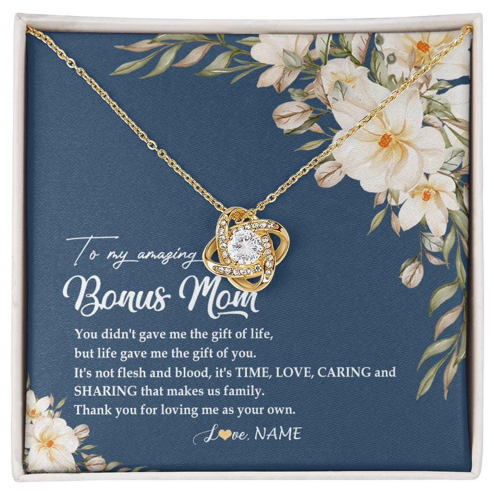 Love Knot Necklace 18K Yellow Gold Finish | Personalized To My Amazing Bonus Mom Necklace from Daughter Thank You Step Mom Jewelry Birthday Mothers Day Thanksgiving Christmas Customized Message Card | teecentury