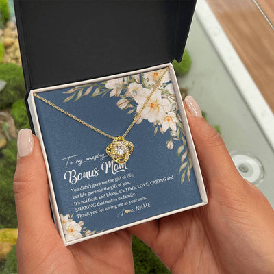 Love Knot Necklace 18K Yellow Gold Finish | Personalized To My Amazing Bonus Mom Necklace from Daughter Thank You Step Mom Jewelry Birthday Mothers Day Thanksgiving Christmas Customized Message Card | teecentury