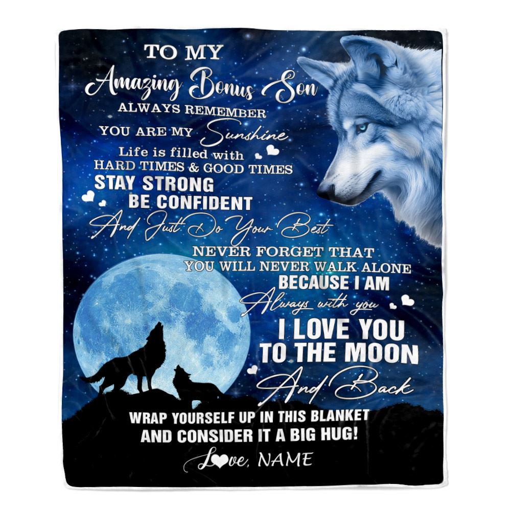 Personalized To My Amazing Bonus Son Blanket From Aunt Stepdad Wolf It A Big Hug Stepson Birthday Back To School Christmas Customized Fleece Throw Blanket | teecentury