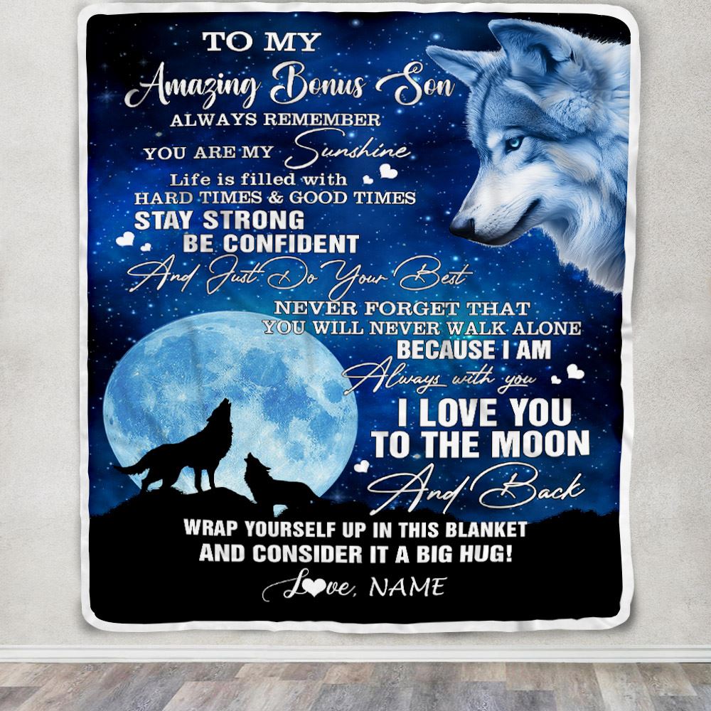 Personalized To My Amazing Bonus Son Blanket From Aunt Stepdad Wolf It A Big Hug Stepson Birthday Back To School Christmas Customized Fleece Throw Blanket | teecentury