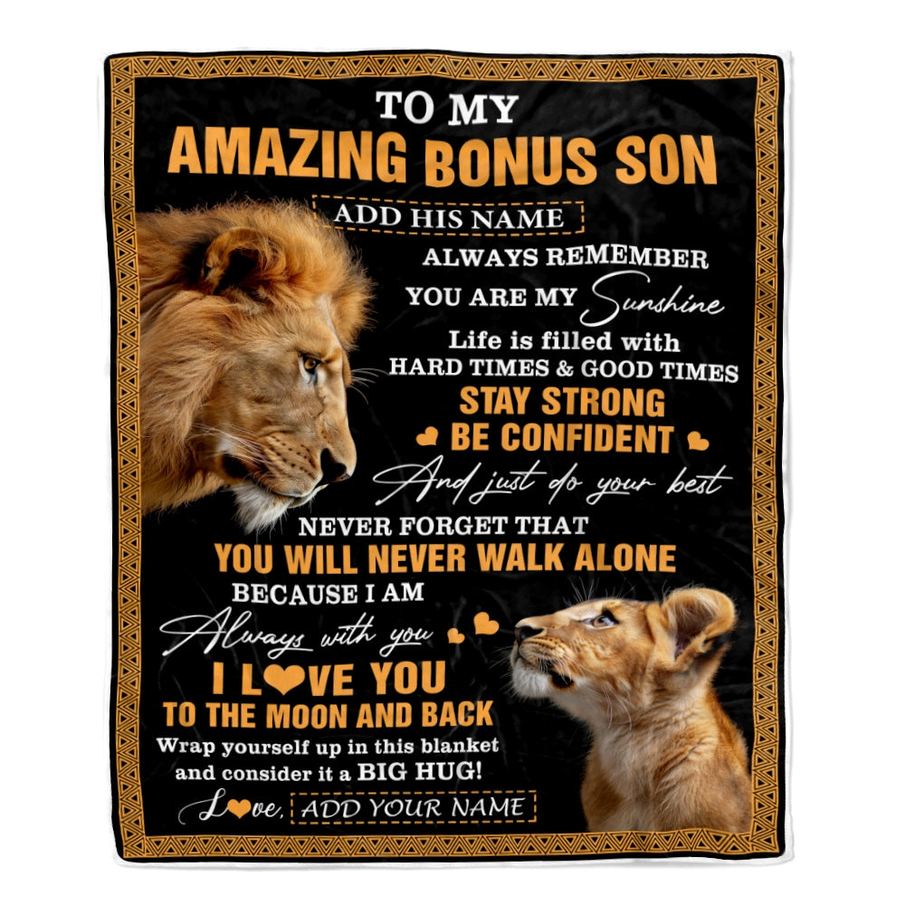 Personalized To My Amazing Bonus Son Blanket From Bonus Dad Stepdad Lion It A Big Hug Stepson Birthday Gifts Graduation Christmas Custom Fleece Throw Blanket | teecentury