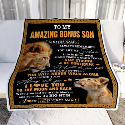 Personalized To My Amazing Bonus Son Blanket From Bonus Dad Stepdad Lion It A Big Hug Stepson Birthday Gifts Graduation Christmas Custom Fleece Throw Blanket | teecentury