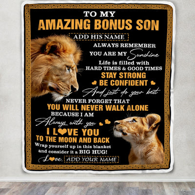 Personalized To My Amazing Bonus Son Blanket From Bonus Dad Stepdad Lion It A Big Hug Stepson Birthday Gifts Graduation Christmas Custom Fleece Throw Blanket | teecentury