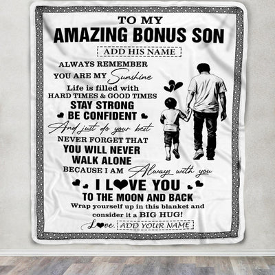 Personalized To My Amazing Bonus Son Blanket From Bonus Dad Stepdad Man It A Big Hug Stepson Birthday Gifts Graduation Christmas Customized Fleece Blanket | teecentury