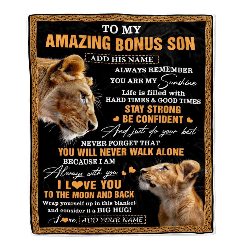 Personalized To My Amazing Bonus Son Blanket From Bonus Mom Stepmom Lion It A Big Hug Stepson Birthday Gifts Graduation Christmas Custom Fleece Throw Blanket | teecentury