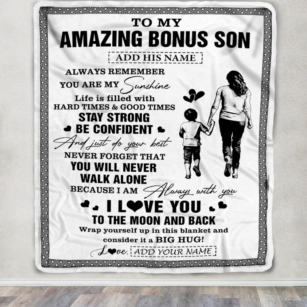 Personalized To My Amazing Bonus Son Blanket From Bonus Mom Stepmom Woman It A Big Hug Stepson Birthday Gifts Graduation Christmas Custom Fleece Blanket | teecentury