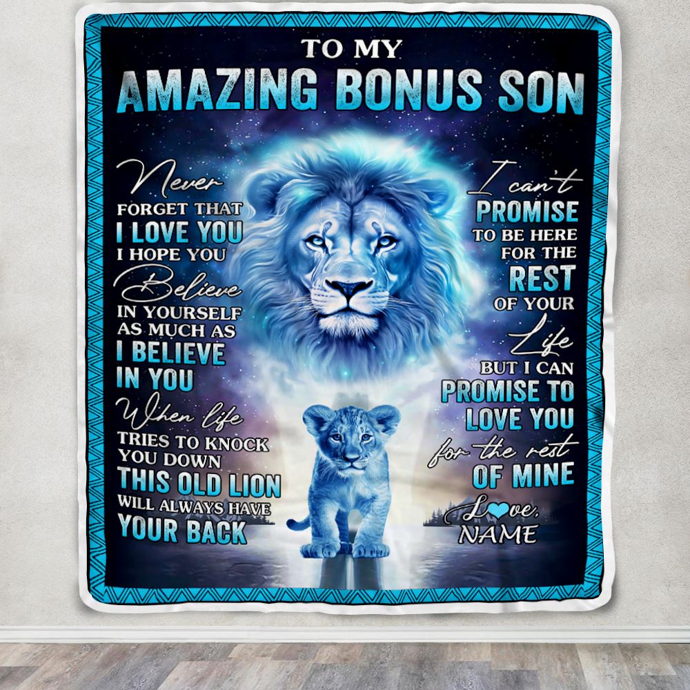 Personalized To My Amazing Bonus Son Blanket From Stepdad Lion Never Forget I Love You Stepson Birthday Gift Graduation Christmas Customized Fleece Blanket | teecentury