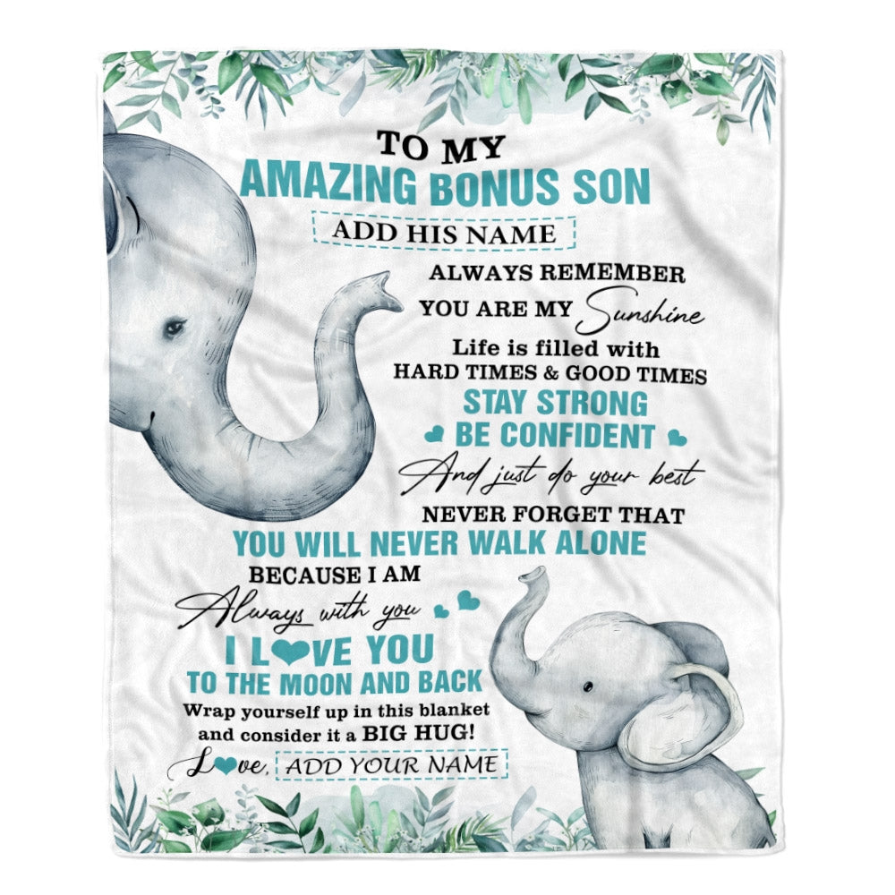 Personalized To My Amazing Bonus Son Blanket From Stepmom Elephant It A Big Hug Stepson Birthday Gifts Graduation Christmas Custom Fleece Throw Blanket | teecentury