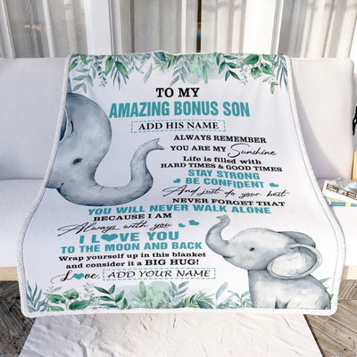 Personalized To My Amazing Bonus Son Blanket From Stepmom Elephant It A Big Hug Stepson Birthday Gifts Graduation Christmas Custom Fleece Throw Blanket | teecentury