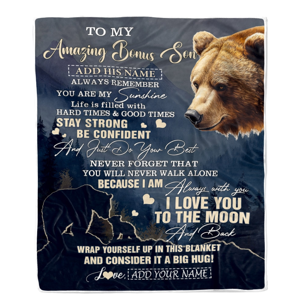 Personalized To My Amazing Bonus Son Blanket From Stepmom Stepdad Bear It A Big Hug Stepson Birthday Gifts Graduation Christmas Custom Fleece Throw Blanket | teecentury