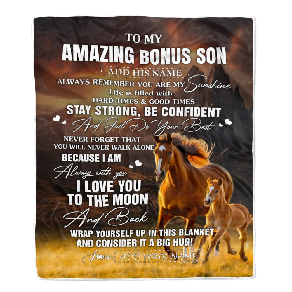 Personalized To My Amazing Bonus Son Blanket From Stepmom Stepdad Horse It A Big Hug Stepson Birthday Gifts Graduation Christmas Custom Fleece Throw Blanket | teecentury