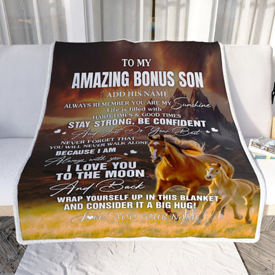 Personalized To My Amazing Bonus Son Blanket From Stepmom Stepdad Horse It A Big Hug Stepson Birthday Gifts Graduation Christmas Custom Fleece Throw Blanket | teecentury