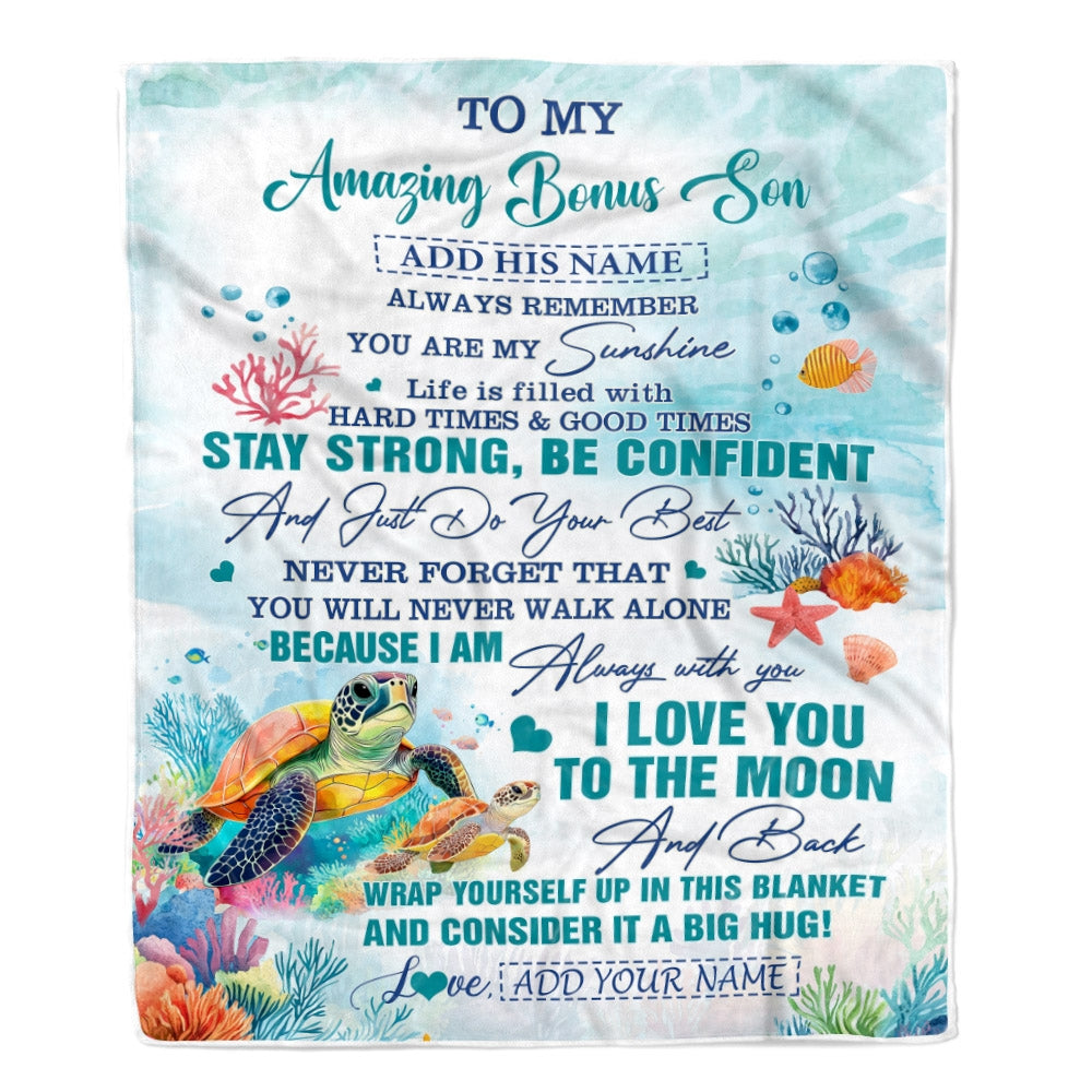 Personalized To My Amazing Bonus Son Blanket From Stepmom Stepdad Turtle It A Big Hug Stepson Birthday Gifts Graduation Christmas Custom Fleece Throw Blanket | teecentury