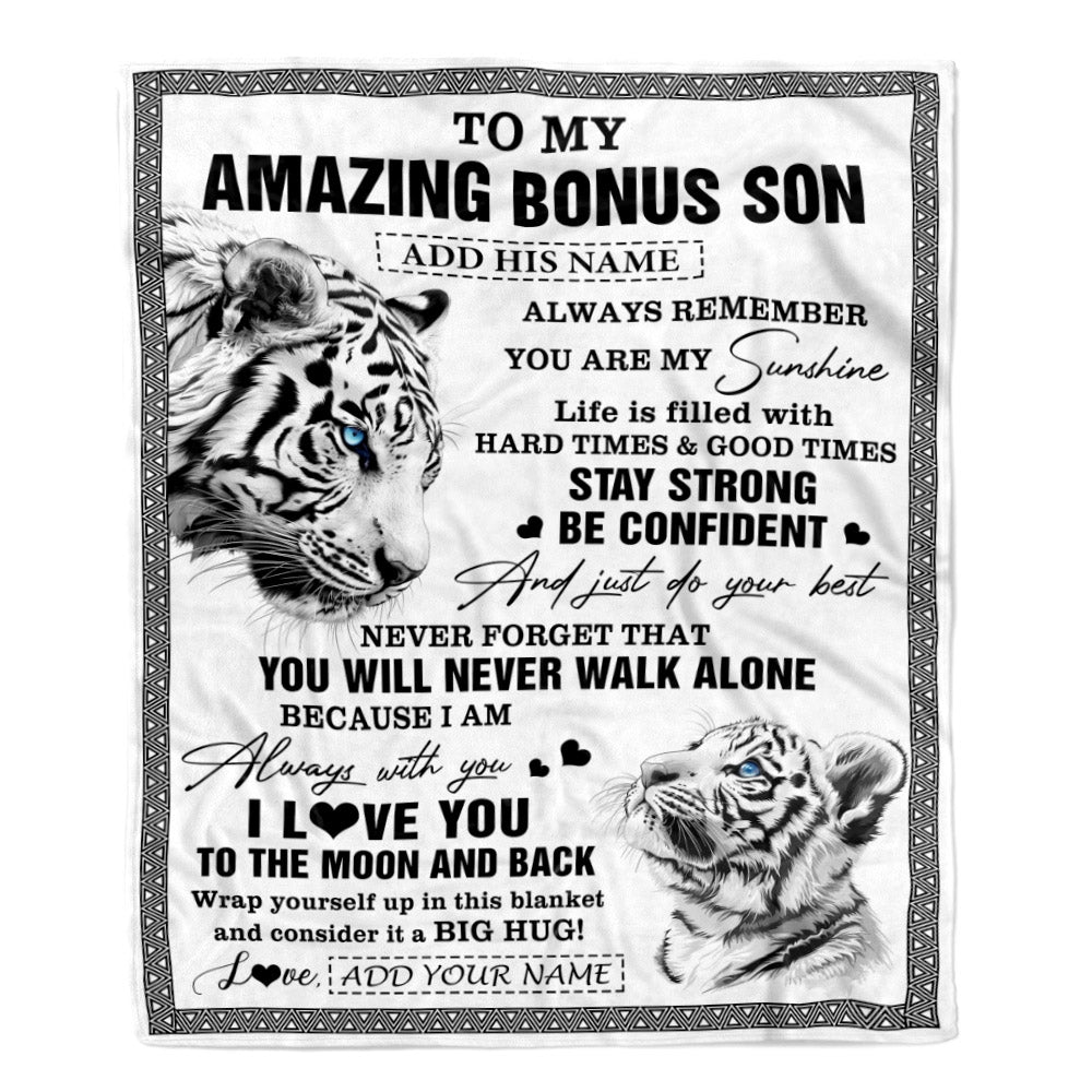 Personalized To My Amazing Bonus Son Blanket From Stepmom Stepdad White Tiger It A Big Hug Stepson Birthday Gifts Christmas Customized Fleece Throw Blanket | teecentury