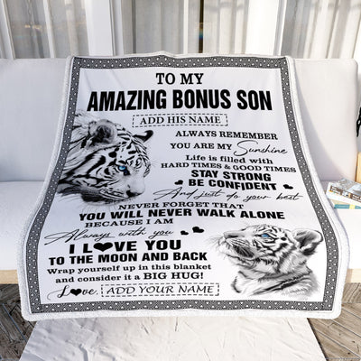 Personalized To My Amazing Bonus Son Blanket From Stepmom Stepdad White Tiger It A Big Hug Stepson Birthday Gifts Christmas Customized Fleece Throw Blanket | teecentury