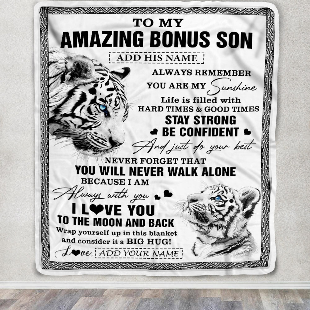 Personalized To My Amazing Bonus Son Blanket From Stepmom Stepdad White Tiger It A Big Hug Stepson Birthday Gifts Christmas Customized Fleece Throw Blanket | teecentury
