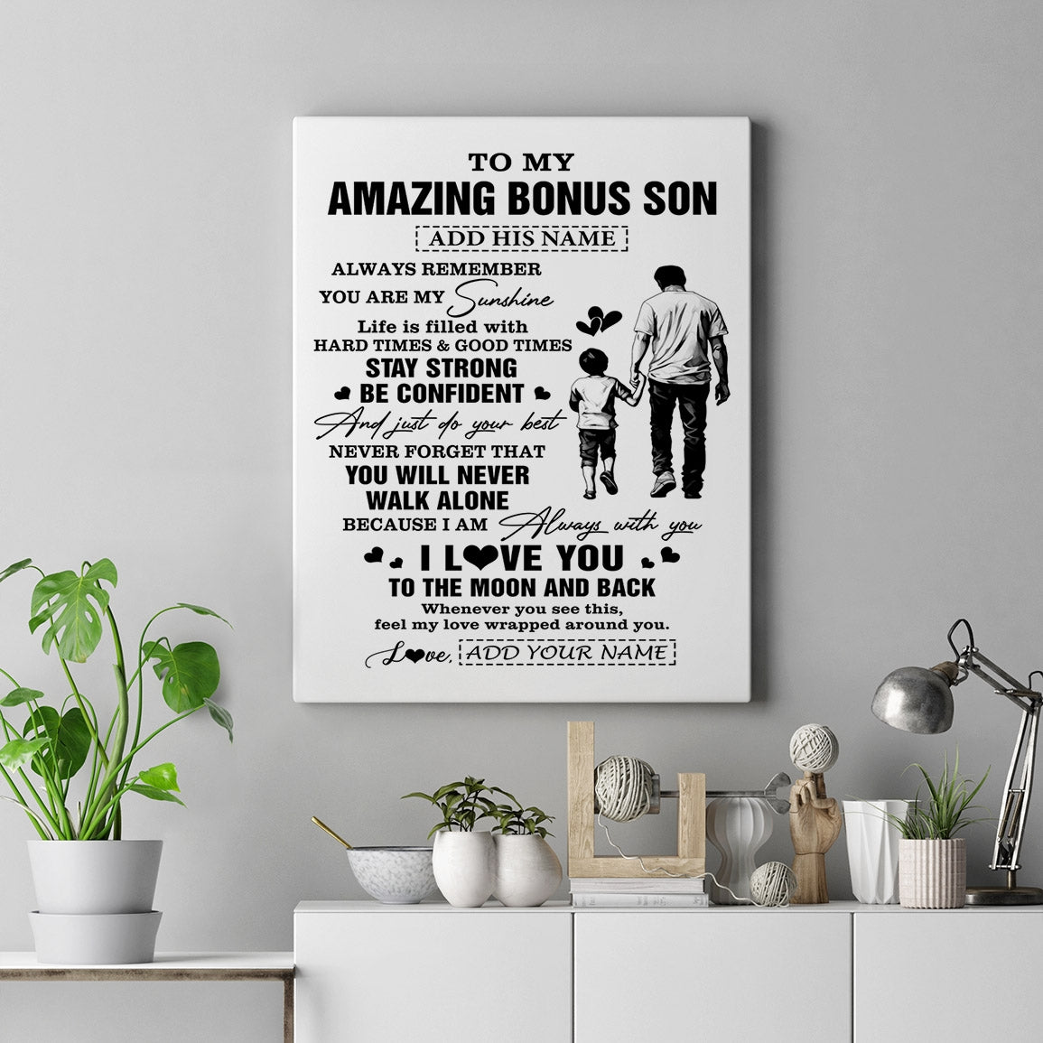 Personalized To My Amazing Bonus Son Canvas From Bonus Dad Stepdad Man It A Big Hug Stepson Birthday Gifts Graduation Christmas Custom Wall Art Framed Canvas | teecentury