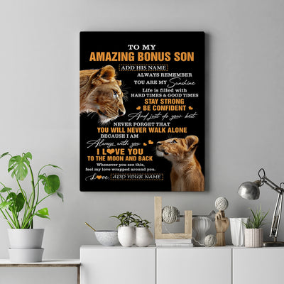 Personalized To My Amazing Bonus Son Canvas From Bonus Mom Stepmom Lion It A Big Hug Stepson Birthday Gifts Graduation Christmas Custom Wall Art Framed Canvas | teecentury