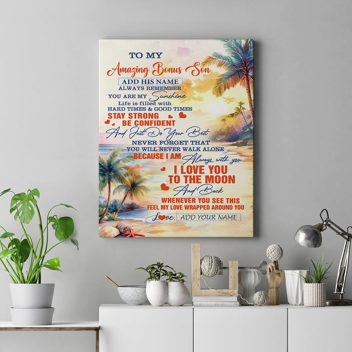 Personalized To My Amazing Bonus Son Canvas From Stepmom Stepdad Beach It A Big Hug Stepson Birthday Gifts Graduation Christmas Custom Wall Art Framed Canvas | teecentury