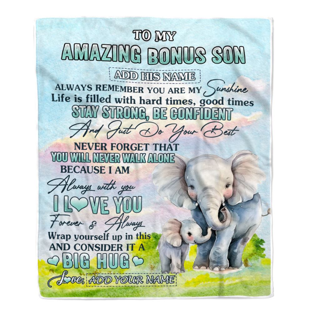 Personalized To My Amazing Bonus Son Elephant Blanket From Stepmother Stepdad My Sunshine Stepson Birthday Gifts Graduation Christmas Customized Fleece Blanket | teecentury