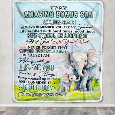 Personalized To My Amazing Bonus Son Elephant Blanket From Stepmother Stepdad My Sunshine Stepson Birthday Gifts Graduation Christmas Customized Fleece Blanket | teecentury