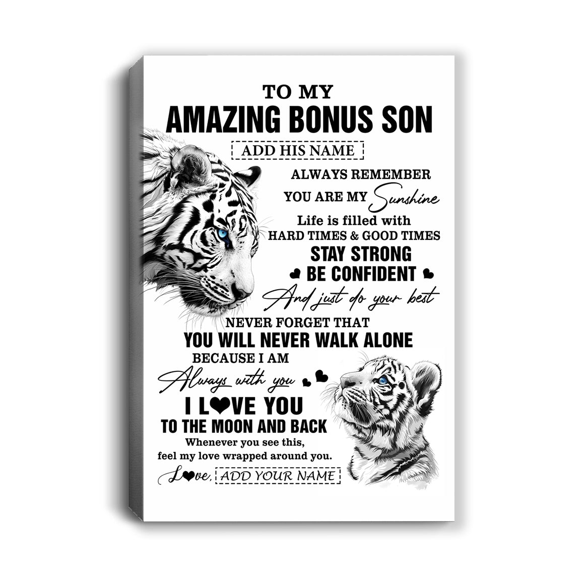 Personalized To My Amazing Bonus Son Gifts Canvas From Stepmom Stepdad White Tiger It A Big Hug Stepson Birthday Gifts Christmas Custom Wall Art Framed Canvas | teecentury