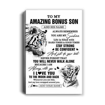 Personalized To My Amazing Bonus Son Gifts Canvas From Stepmom Stepdad White Tiger It A Big Hug Stepson Birthday Gifts Christmas Custom Wall Art Framed Canvas | teecentury