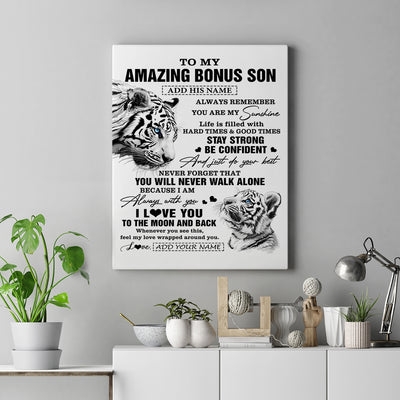 Personalized To My Amazing Bonus Son Gifts Canvas From Stepmom Stepdad White Tiger It A Big Hug Stepson Birthday Gifts Christmas Custom Wall Art Framed Canvas | teecentury
